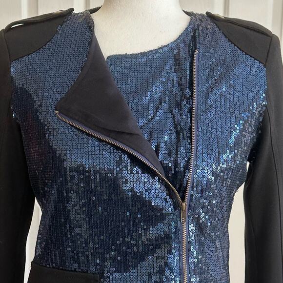 Lumiere Jacket Blazer Coat Black Blue Sequins Zip Cropped Party Small NEW - Picture 3 of 16